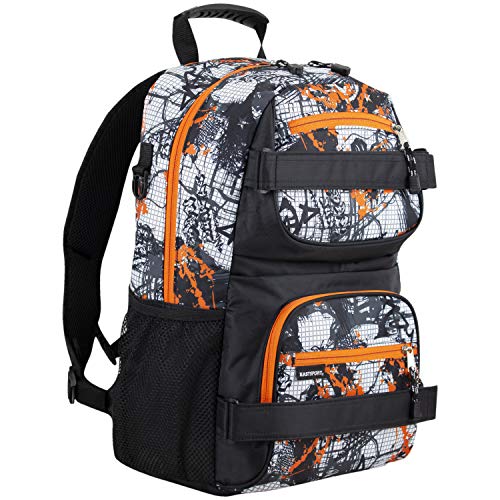 Eastsport Travel Skateboard Backpack Double Strap Laptop Bag Multi-Sport Design for Men and Women, Orange White Black - color: Orange Sun/White Urban Grid/Black