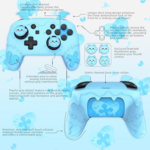 PlayVital Gothic Imp Series Cute Silicone Case for Nintendo Switch Pro Controller with 4 Thumb Grip & 2 Sticker, Non-Slip Anti-Scratch Protective Silicone Skin Cover - Aqua Blue - color: Aqua Blue