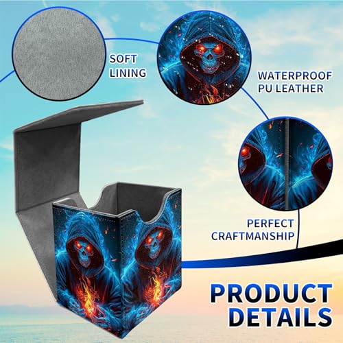 Blue Flame Skull Card Deck Box, MTG Commander Deck Box Card Deck Case for Trading Cards, 100+ Sleeved Cards with PU Leather Magnetic Card Storage Box for TCG CCG Magic Cards - color: Card Deck Box-592