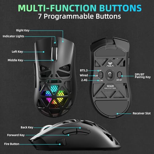 Aula SC620 Wireless Gaming Mouse, Tri-Mode 2.4GHz/USB-C/BT5.3 Computer Mouse with 12000 DPI, Programmable Macro Gamer Mouse with Rapid Fire Key, RGB Light Gaming Mice for PC/Laptop/Mac(Black) - color: Black