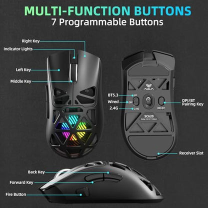 Aula SC620 Wireless Gaming Mouse, Tri-Mode 2.4GHz/USB-C/BT5.3 Computer Mouse with 12000 DPI, Programmable Macro Gamer Mouse with Rapid Fire Key, RGB Light Gaming Mice for PC/Laptop/Mac(Black) - color: Black