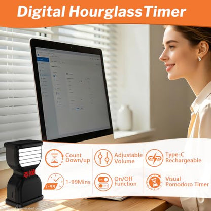 Digital Hourglass Timer, Rechargeable Visual Sand Timers, Black | Pomodoro Countdown Timer with ON/OFF Alarm Volume LED Display, Desk Flip Timer, Ideal for Study Work Kitchen - color: Black