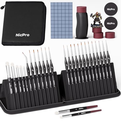 Nicpro Professional Miniature Painting Kit - 25PCS Miniature Paint Brushes Drybrush with Magnetic Painting Handle, Model Paint Brushes for Miniatures, Model, Craft, Acrylic Painting, with Nylon Bag - color: Black