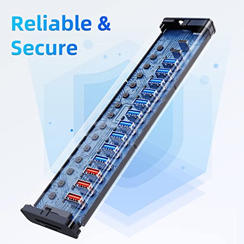 VANGREE Powered USB Hub 10Gbps, 17 Ports USB 3.2 Hub, 96W Power Adapter | 10 USB-A 3.2, 3 QC 24W Fast Charging, 2 USB-C 3.2, SD/TF, 12V/8A Power Adapter for Laptop, PC, Computer, HDD, Flash Drive - color: Black