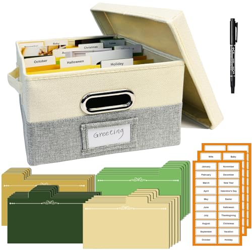 Greeting Card Organizer Box, Card Storage Box with 20 Removable Dividers & 84 Labels, Foldable Storage Box with Lids for Photos, Postcards, Graduation Card, Birthday Cards Holder, Sewing(Beige & Grey) - color: Beige&Grey
