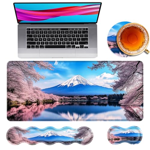 Large Mouse Pad and Keyboard Wrist Rest, Desk Pad for Keyboard and Mouse, 4-in-1 Large Gaming Mouse Pad with Wrist Support, Desk Mat for Home Office Study Game,Cherry Blossoms in The Lake - color: Cherry Blossoms in the Lake