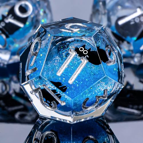 Roycevon Resin DND Dice Set with Gift Box, 7Pcs Liquid Core Cat D&D Dice, Cute Dungeons Dragons D and D Dice, Sharp Edge Role Playing Game Dice D20 D12 D10 D8 D6 D4, Blue - color: Blue