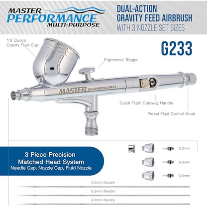 Master Airbrush G233 Performance Pro Airbrush Kit with 3 Nozzle Sets (0.2, 0.3 & 0.5mm Needles, Fluid Tips & Air Caps), Gravity Dual Action - Air Brush Guns for Painting, Aerografo Body Art & Cake - size: Without Hose