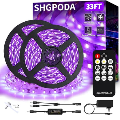 33 Foot Black Light Strip & Remote, 600LEDs, Dimmable, 3 Lighting Modes | 12V Flexible Black Lights for Halloween, Glow Neon Party, Bedroom, Classroom, Fluorescent Decor Tapestry Poster, Indoor - size: 33FT