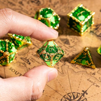 Cusdie 7Pcs Metal Dice with Metal Box, Dagger Design Polyhedral DND Dice Set, for Role Playing Game D&D Dice (Golden Green) - color: Dagger-golden Green