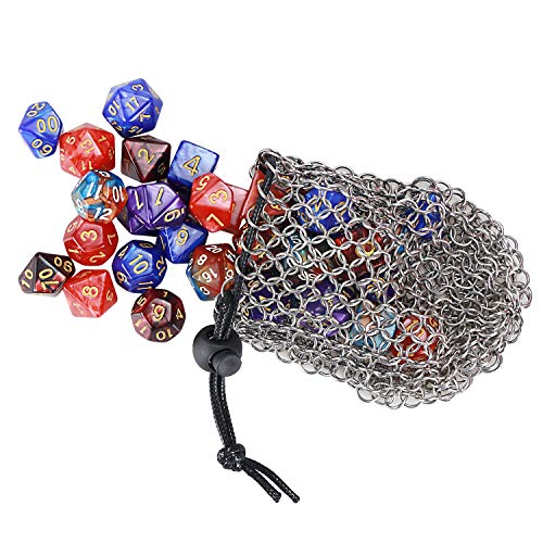 YOUSHARES Drawstring Game Dice Bag - Stainless Steel Chainmail DND Dice Pouch for Metal Polyhedral D&D Dice Set, Coin - color: Silver