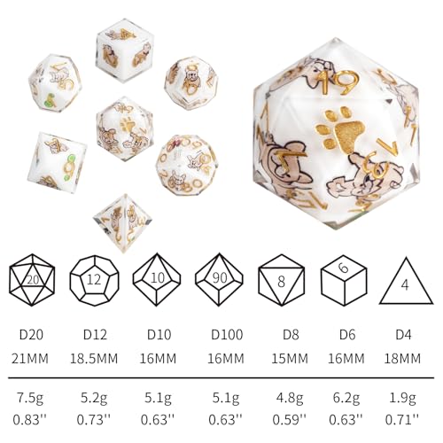 Golden Retriever 7Pcs DND Dice Set,Sharp Edge Resin Dice for D&D | Polyhedral DND Dice,Smooth Polished Surface,Ideal Gift For Tabletop Role Playing Game Lovers Adults Women Men Teens - color: White, style: French Bulldog