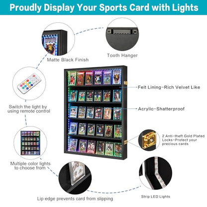 VERANI 35 LED Graded Sports Baseball Card Display Case Wall Mount Black | Large 35-slot inner space,Built-in soft LED light strips,Fully sealed dustproof structure,Wall mount vertical design - size: Large-Vertical-Black-with LED