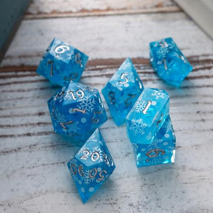 Christmas Blue Snowflake Resin DND Dice Set | 7 Pcs Polyhedral RPG Dice Set with Box | Hand Carved Resin RPG Dice for Dungeons & Dragons, Pathfinder, Tabletop Games