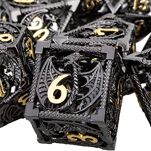 ARUOHHA Hollow DND Metal Dice Set Black Gold Dragons D and D Dice, RPG Role Playing Games Dungeons Polyhedral Dice with Gift Box D20 D12 D10 D8 D6 D4 - color: Black Gold