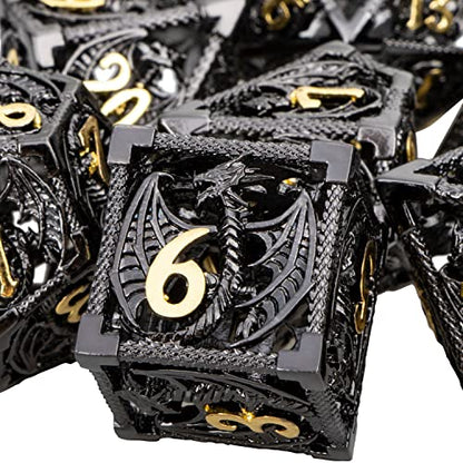 ARUOHHA Hollow DND Metal Dice Set Black Gold Dragons D and D Dice, RPG Role Playing Games Dungeons Polyhedral Dice with Gift Box D20 D12 D10 D8 D6 D4 - color: Black Gold