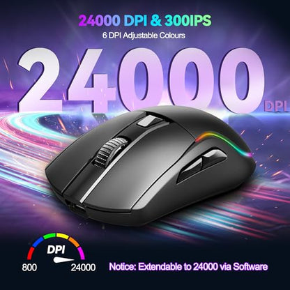 TECKNET Wireless Gaming Mouse,Tri-Mode 24000 DPI Ergonomic Gaming Mouse | 1000Hz Polling Rate,RGB Backlit,6 Programmable Buttons,ergonomic plastic body,fits PC/Laptop/Mac,for gaming and office - color: Black
