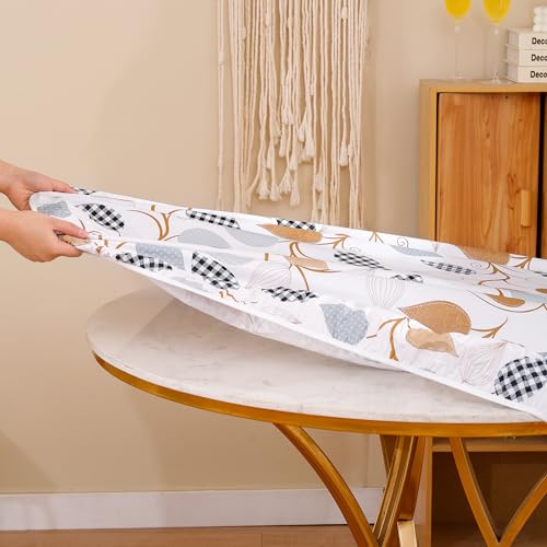 Walrus Round Vinyl Fitted Tablecloth with Flannel Backing Elastic Edge Design Table Cover Waterproof Oil-Proof PVC Table Cloth Stain-Resistant Best for 45"-56" Round - color: Branches, size: 56" (Round)
