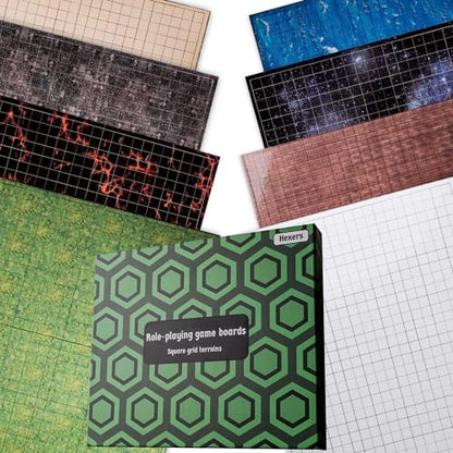 Role-Playing Game Board Mat, Square Grid Terrains, 8 Different terrains, Compatible with Dungeons and Dragons DND Pathfinder RPG, 27 on 23 inches, 1 inch Squares, Foldable & Dry Erase