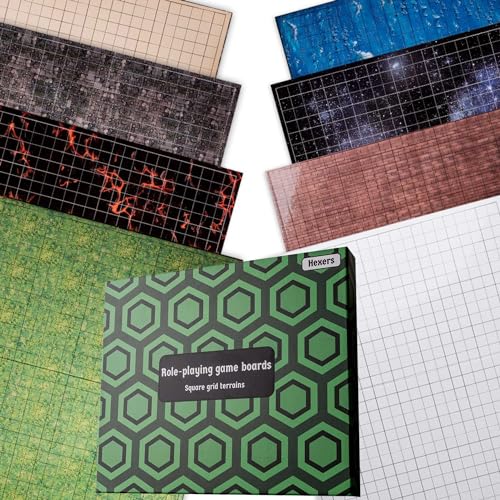 Role-Playing Game Board Mat, Square Grid Terrains, 8 Different terrains, Compatible with Dungeons and Dragons DND Pathfinder RPG, 27 on 23 inches, 1 inch Squares, Foldable & Dry Erase