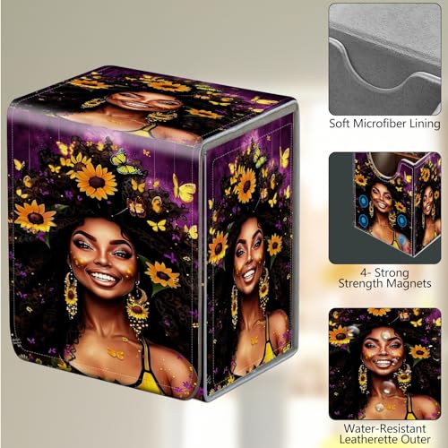 Card Deck Box, Card Storage Box Fits 100+ Single Sleeved Cards, Large Capacity PU Leather Card Storage Box with Strong Magnet for Magic Commander TCG CCG, Butterflies African Black Girl - color: Butterflies African Black Girl