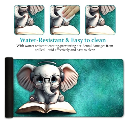 LIMKRIAN Elephant Large Mouse Pad Desk Matt for Desktop, 31.5x11.8 in, XL | Stitched Edges, Waterproof Surface, Non-Slip Rubber Base, Cute Desk Accessories For Office Home, Cute Keyboard and Mouse Pad - color: Cute Elephant 02