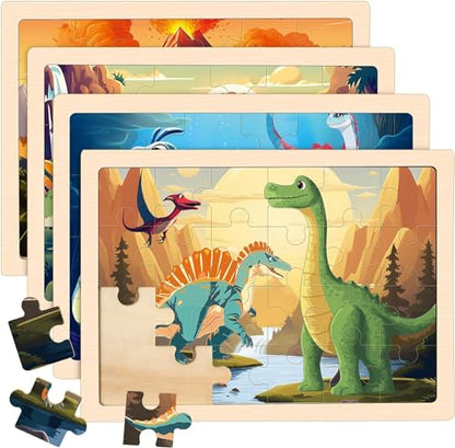 Wooden Puzzles Dinosaur Toys for Kids Ages 3-5, 4 Packs Jigsaw Dino Puzzles for Kids Ages 4-6, Educational Boards Game Gifts for 3 4 5 6 Boys Girls - style: Dinosaur