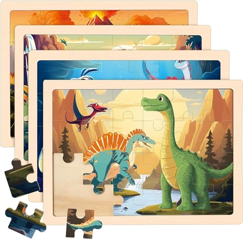 Wooden Puzzles Dinosaur Toys for Kids Ages 3-5, 4 Packs Jigsaw Dino Puzzles for Kids Ages 4-6, Educational Boards Game Gifts for 3 4 5 6 Boys Girls - style: Dinosaur