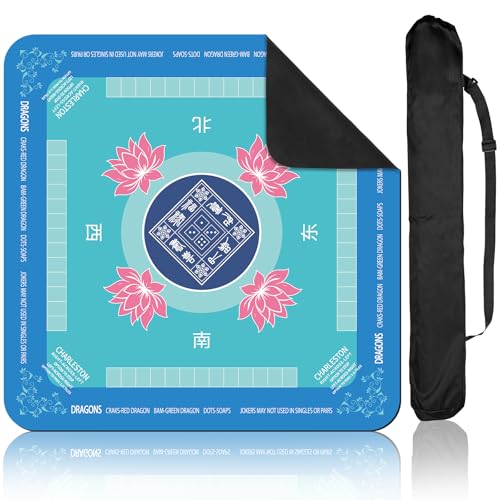 Mahjong Mat 31.5" x 31.5" Mahjong Table Mat with Rules Anti Slip Noise Reduction Lotus Flower Gaming Tablecloth for Poker, Card, Board Tile Games Mah Jongg Table Cover with Carrying Bag (Blue) - style: Blue Flower