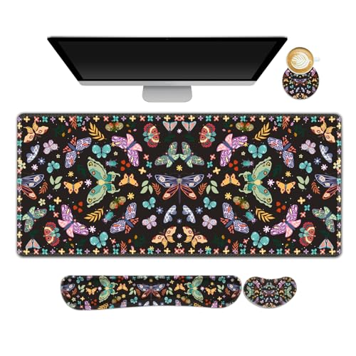 Desk Mat Pad, Gaming Mouse Pad Wrist Support Set, 4 in1 Non-Slip XXL Large Mousepad + Ergonomic Keyboard Wrist Rest+Mouse Wrist Rest+Coaster for Home Office Computer I Colorful Butterfly - color: Colorful Butterfly