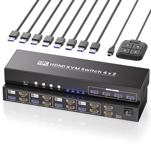 Dual Monitor HDMI KVM Switch, 8K60Hz 4K120Hz KVM Switch 2 Monitors 4 Computers for 4 PCs Management with 1 Set of Keyboard and Mouse, 4-Port USB 3.0 Sharing - color: 8K 2 Monitors 4 PCs