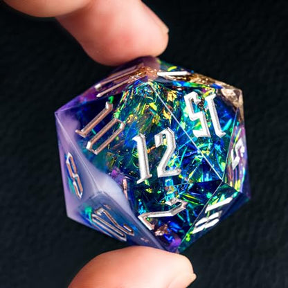 Cusdie Single D20 DND Dice with Sharp Edges and Glitter Foil Inclusions, 20 Sided D&D Dice, 33mm Handcrafted Polyhedral Dice, for Role Playing Game (Purple Blue) - color: Purple Blue