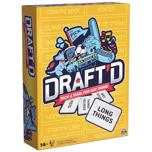 Spin Master Games, Draft’d, Competitive Drafting Party Game with Hilarious Prompts for College Nights, Football Watch Parties, Happy Hour Activity, for Teens & Adults, 3-5 Players, for Ages 14 & Up - style: Draft’d