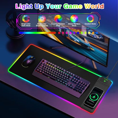 XL RGB Gaming Mousepad, 25 Lighting Effects, 15W Fast Charging, Phone Stand | 31.5"x11.8" Extended Keyboard Mat Pad with Stitched Edges, Ultra-Smooth Waterproof Surface, Non-Slip Base - color: RGB-Magnetic Stand-31.5"x11.8"-Right