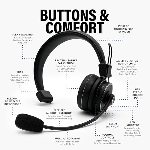 Blue Tiger Elite Ultra 2.0 Wireless Bluetooth Headset - One-Ear Trucker | Professional Mono headset with mic, wireless noise cancelling, high-fidelity sound, 60-hour talk time, USB-C, Bluetooth 5.2