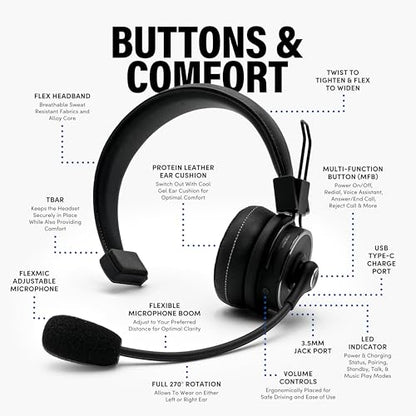 Blue Tiger Elite Ultra 2.0 Wireless Bluetooth Headset - One-Ear Trucker | Professional Mono headset with mic, wireless noise cancelling, high-fidelity sound, 60-hour talk time, USB-C, Bluetooth 5.2