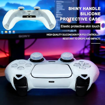White Cat Glitter Anti-Slip Protective Silicone Cover Skin Grips Compatible with PS5/Slim/Pro Controller,8 PCS Glitter Thumb Grips Caps and 2 Paw Grips Caps. (Cat White) - color: Cat White