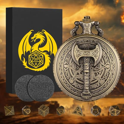 Mini DND Dice Set with Steampunk Barbarian Axe Pocket Watch Shell Case, 7pcs Polyhedral Metal DND Dice Set, D&D Gifts with Gift Box, Role Playing Board Games DND Accessories, Bronze - color: Bronze