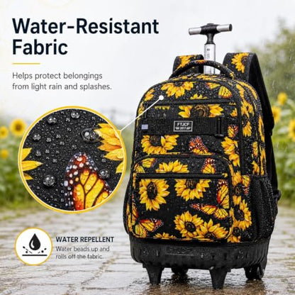3Pcs Rolling Backpack for Girls Women, Travel Roller Backpacks with Wheels for Adults, Teens College Sunflower Wheeled Bookbag with Lunch Box(Yellow) - color: Sun Flower