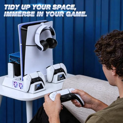 Stand and Cooling Station for PS5/PS5 Slim/PS5 Pro, with Dual Controller Charging Station for PlayStation 5 - color: Soft White