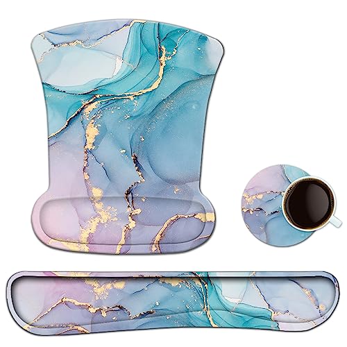 AIMSA Mouse Pad Wrist Support Set Keyboard Wrist Rest, Ergonomic Memory Foam Non-Slip Base Easy Typing Pain Relieve for Computer Laptop Home Office, Green Purple Marble - color: Green Purple Marble