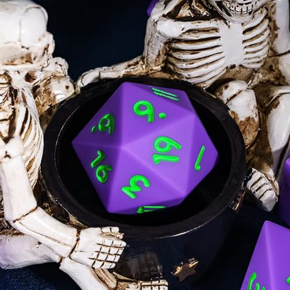 7-Piece Jumbo Silicone DND Dice Set, 25mm Oversized D&D Dice | Round Edges Soft Perfect Bouncer Compatible with Dungeons and Dragons RPG Bar Pub Club Party Games - color: Purple W/Green Numbers