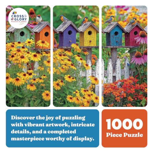Cross & Glory | 1000 Piece Jigsaw Puzzles for Adults | A Fence Full of Song | Colorful Birdhouses, Garden Flowers & Butterflies | Bright Nature Puzzle | 2mm Thick Pieces | Satin Finish | Ages 14+ - color: A Fence Full of Song