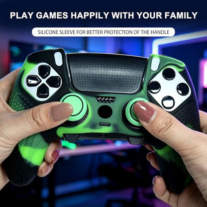 Green Black Anti-Slip Controller Skin,Studded Edition Protective Silicone Cover Skin Grips Compatible with PS5 Edge Controller and 6 PCS Thumb Grips Caps. - color: Green Black