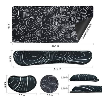 Bloss Keyboard Mouse Pad Set, Large Gaming Desk Pad+Keyboard Wrist Rest+Mouse Wrist Cushion+Coaster, Non-Slip Desk Mat, Home Office Essentials-Black and White Topography (35.4 x 15.7 Inches) - color: Topographic, size: 35.4 in x 15.7 in x 0.08 in