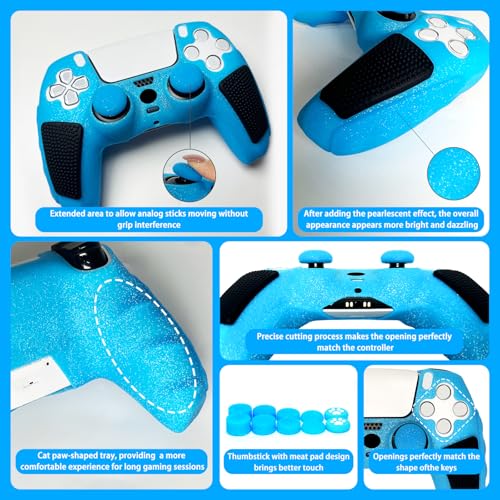 Blue Glitter Anti Slip Soft Thicked Studded Silicone Cover Skins Compatible with PS5 Controller,Include 8 PCS Blue Glitter Thumb Grips Glow and 2 Cat Paw Grips Accessories. - color: Blue Black