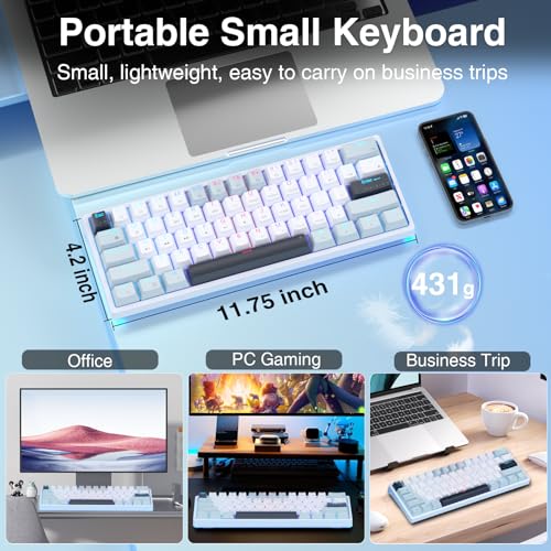 SOLAKAKA SK961 Wireless Mechanical Keyboard with RGB Backlight,Tri-Mode BT5.0/Wired/2.4GHz 60 Percent Wireless Gaming Keyboard,Red Switch - color: SK961-whiteblue-redswitch