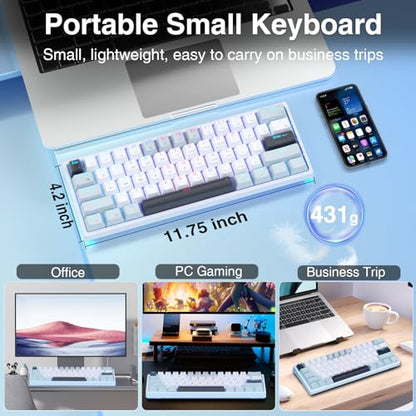 SOLAKAKA SK961 Wireless Mechanical Keyboard with RGB Backlight,Tri-Mode BT5.0/Wired/2.4GHz 60 Percent Wireless Gaming Keyboard,Red Switch - color: SK961-whiteblue-redswitch
