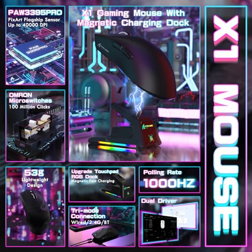 ATTACK SHARK X1 Ultralight Tri Mode Wireless 40000 DPI Gaming Mouse-Black | Magnetic RGB Charging Dock,Anti Slip Grip Tape,PixArt PAW3395 Pro Optical Sensor,BT/2.4Ghz/Wired,Driver for PC Win Mac Gamer - color: Black+Grip Tape
