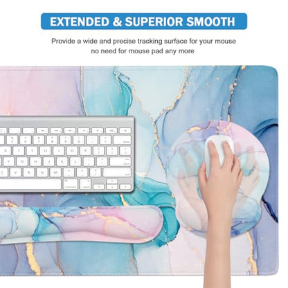 4-in-1 Gaming Mouse Pad Wrist Support Set，Desk Pad + Mouse Pad with Wrist Rest + Keyboard Wrist Rest + Coaster, Ergonomic Design for Home Office Study Game - Blue Marble - color: 4 Pcs Blue Marble